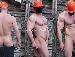 Muscle construction employee shows his big dick behind the barn OnlyFans/WorldStudZ