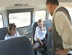 Team a few stale schoolgirls suck the bus driver's permanent Hawkshaw in the backseat